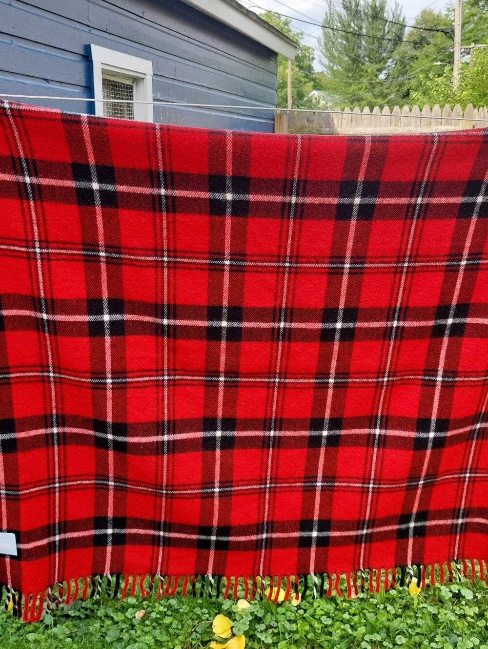Vintage Faribo Red Plaid Camp Lodge Picnic Fringe Blanket 54